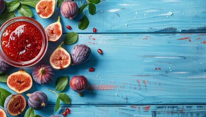 Wall Mural - Text space provided for arrangement with enticing fig jam on blue wood table