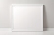Moldura branca apoiada no chão branco na maquete interior. Modelo de uma imagem emoldurada em uma renderização em 3D de parede