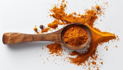 Canvas Print - Top down view of turmeric powder with wooden spoon on white surface