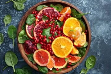 Top view of citrus spinach and pomegranate salad