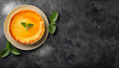 Wall Mural - Top view of flan pudding served on a dark dish