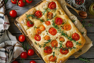 Wall Mural - Top view of tomato topped Focaccia on rustic wood