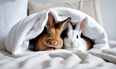 Wall Mural - Two rabbits are curled up under a white fluffy blanket on top of the bed. Couple cute Easter bunny baby rabbits laying on cozy background. Pascha, Resurrection Sunday, Christian cultural holiday