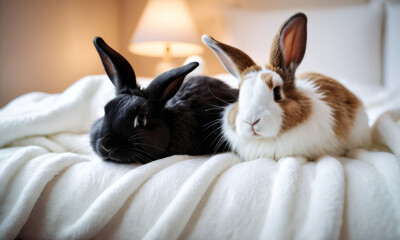 Wall Mural - Two rabbits are curled up under a white fluffy blanket on top of the bed. Couple cute Easter bunny baby rabbits laying on cozy background. Pascha, Resurrection Sunday, Christian cultural holiday