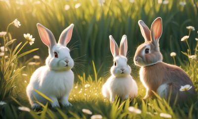 Wall Mural - Two cute adorable rabbits sitting in a grassy field. Easter bunnies on spring meadow lawn with green grass and flowers, clear sunny day. Warm and friendly atmosphere, pleasant weather.