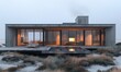 Minimalistic style house on the seashore among cereals with panoramic glazing