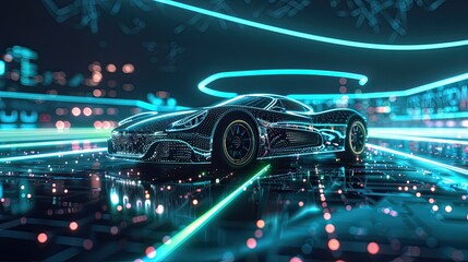 Wall Mural - Illustration, outline of a sports car, with elegant lines, integrated into a futuristic background and digital network, dynamic green and blue lights.