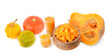 Pumpkin juice and pumpkins isolated on a white. There is free space for text. Collage.