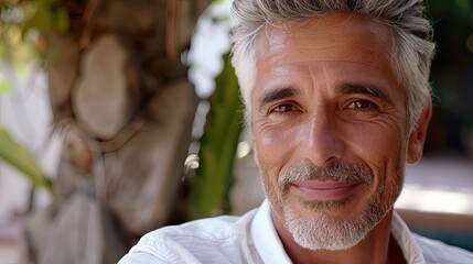 Sticker - Portrait of an attractive, Mediterranean Caucasian gentleman, posing smiling and elegant in a white t-shirt.