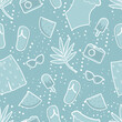 Summer Pattern. Seamless Print with Summer Stickers. Beach Accessories, ice-cream, watermelon, camera, tropical leaves, dots. Cute Background. Vector illustration on light blue background