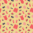 Summer Print. Seamless Pattern with Red Beach Accessories, ice-cream, watermelon, camera, tropical leaves, dots. Cute Summer Background. Vector illustration on yellow background