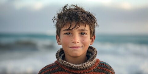 A young boy with disheveled hair and a warm sweater stands on a beach, the ocean waves in the background creating a serene atmosphere