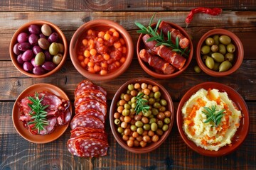 Sticker - Traditional Spanish tapas with assorted meats vegetables and legumes on a wooden table