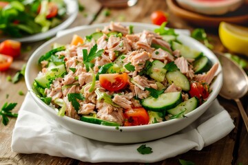Wall Mural - Tuna salad with fresh veggies on white napkin on wooden surface