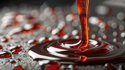 Canvas Print -   Liquid from a bottle pours into water puddle, splashing red liquid drops on the ground