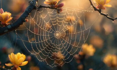 Close-up of a spider web woven on a tree branch.