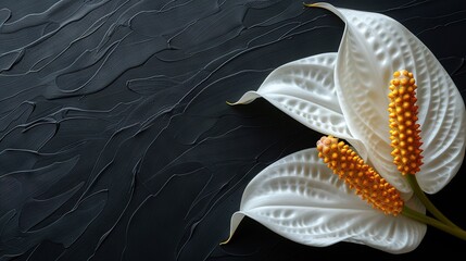 Wall Mural -   A large white bloom with golden filaments on a dark canvas with a sinuous pattern at its core