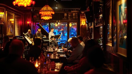 Wall Mural - An evening at a jazz club, musicians in mid-performance, intimate lighting, audience engagement, capturing the essence of live music. Resplendent.