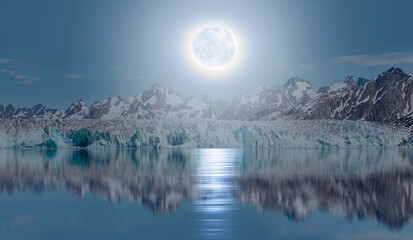 Wall Mural - knud rasmussen glacier near kulusuk - greenland, east greenland - night sky with blue moon in the cl