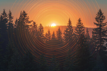 Wall Mural - A sun is setting in a forest with trees