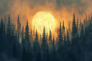 Wall Mural - A large yellow moon is in the sky above a forest of trees