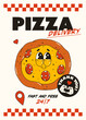 Poster with a cool pizza character in the trending retro groovy style. Pizza delivery, fast and free.