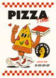 Poster with a cool pizza character in the trending retro groovy style. Pizza time, best pizza in the town.