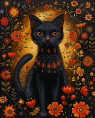 Wall Mural - Illustration of a black cat in flowers.