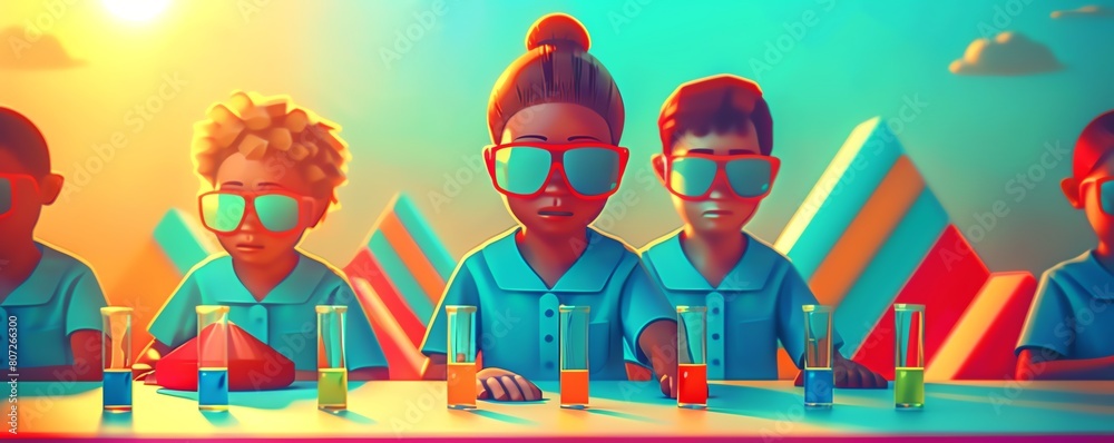 Kids in class doing a science experiment, wearing lab coats and safety ...