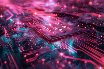 Poster - A computer chip with a purple background and orange lines