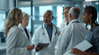© Maksym - Against the backdrop of a modern medical facility, a group of confident healthcare professionals gathers for a team meeting, their focused expressions and collaborative spirit refl
