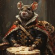 A tiny mouse adorned in a majestic crown and regal robe exudes charm and elegance in this whimsical painting.