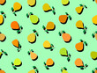 Seamless pattern of pears in flat style with shadow. Ripe pears with two leaves. Fruit background with pears for wallpaper, wrapping paper, banners and posters. Vector illustration
