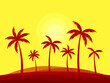 Tropical landscape with silhouettes of palm trees against the background of the sun. Landscape of palm trees in a minimalist style. Summer time. Design for banners and posters. Vector illustration