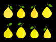 Yellow pear set isolated on black background. Yellow pears with one leaf. Pears icon collection. Design for printing on fabric, banners and promotional items. Vector illustration