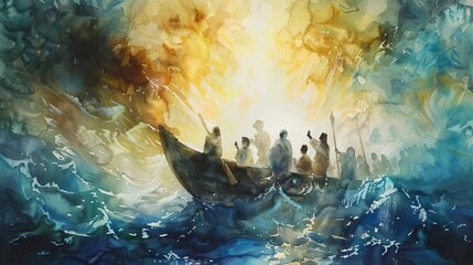 Wall Mural - Radiant watercolor disciples' miraculous catch