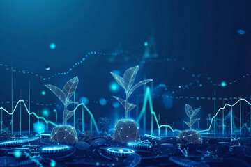 Poster - A blue background with three plants and a bunch of coins