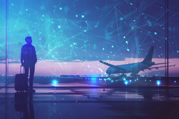 Poster - A man is standing in front of an airport with a suitcase