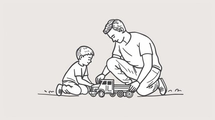 Simple line art of a father and son playing with toy trucks