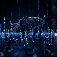 Poster - A bull is walking through a field of lights