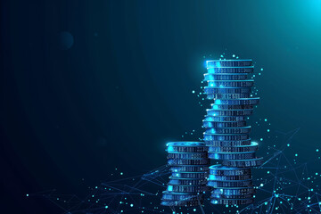 Poster - A stack of coins is shown in a blue background