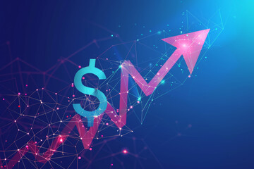 Poster - A blue background with a dollar sign and an arrow pointing upwards