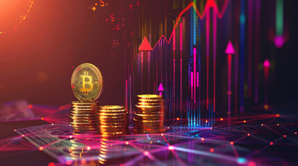 Poster - A stack of gold coins sits on a table with a bitcoin coin on top