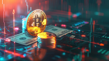 Poster - A stack of gold coins and a bitcoin coin on a computer screen