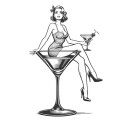 Wall Mural - retro pin-up girl enjoying a martini alcohol glass, epitomizing vintage charm and cocktail culture sketch engraving generative ai vector illustration. Scratch board imitation. Black and white image.