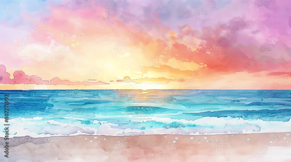 Watercolor seascape with a colorful sunrise painting the sky in shades ...