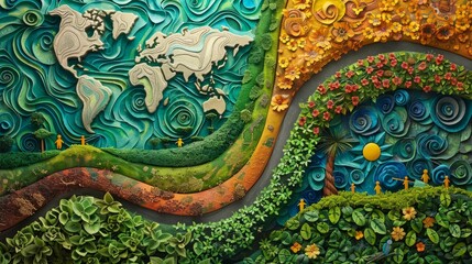 A painting of a world with a green line that says 
