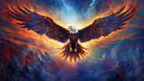 Fototapeta  - The majestic bald eagle flies through the beautiful sky