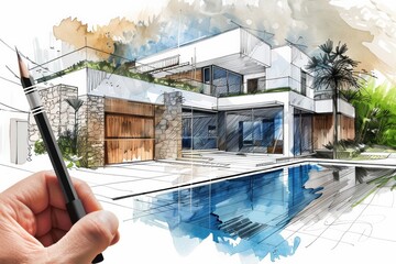 Wall Mural - A hand-drawn depiction of a charming house with a crystal-clear pool in front, creating a serene and luxurious oasis in the midst of architectural wonder. Generative AI