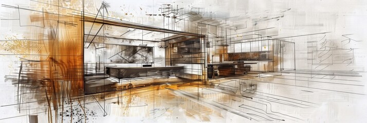 Aufkleber - A detailed drawing showcasing a beautifully designed living room and kitchen with modern elements and a cohesive color palette. Generative AI